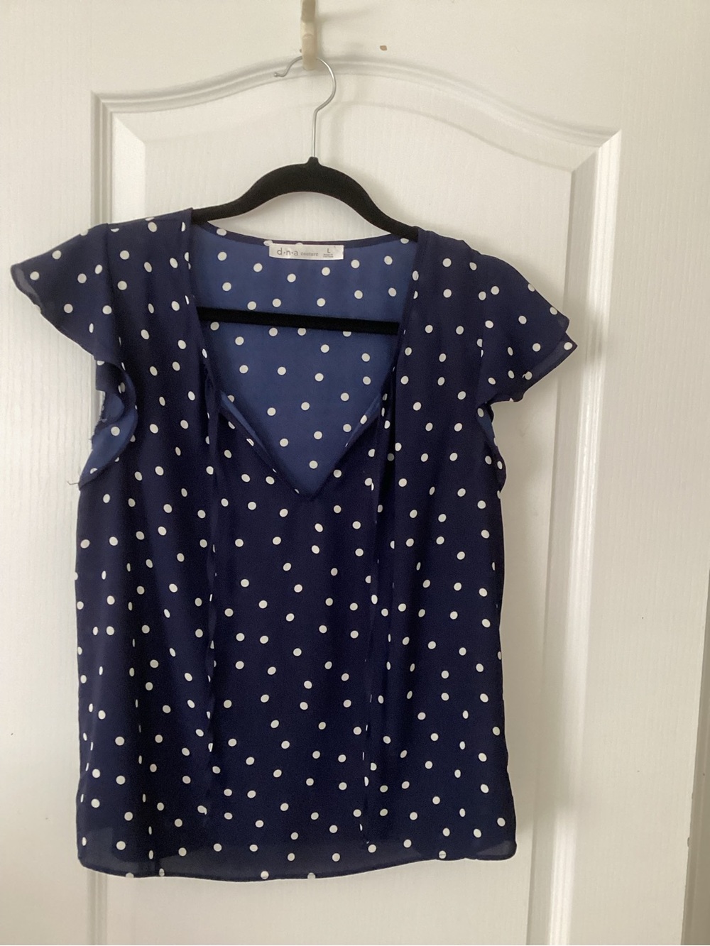 Polka Dot V-Neck Flutter Sleeve Top - Navy/White